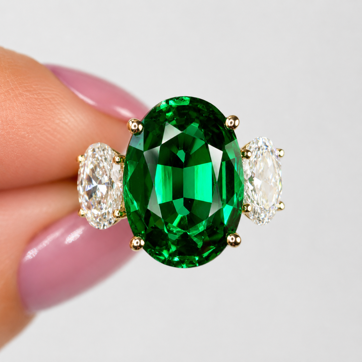 7.99 Carat Emerald 3-Stone Gemstone & Lab Grown Diamond Engagement Ring